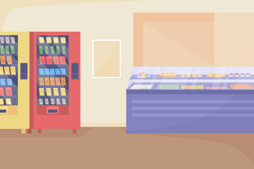Poster - School cafeteria space flat color vector illustration. Lunch break in fast food bistro. Vending machines near walls. College cafe 2D cartoon interior with food counter on background