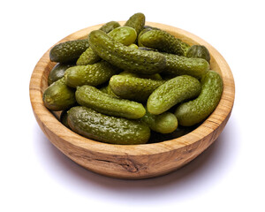 Wall Mural - Bowl of Tasty canned Whole green cornichons isolated on a white background