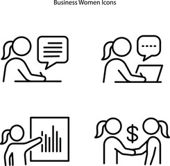 Poster - Business Woman Work Sign Black Thin Line Icon Set Include of Teamwork, Workplace and Meeting. Vector illustration of Icons