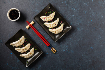 Wall Mural - Original Japanese dumplings Gyoza with chicken and vegetables.Top view. Flat lay. Dark blue backgrund.