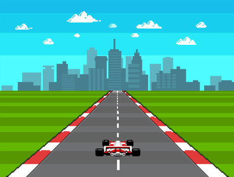 Retro video game Race Arcade in Pixel Art style vector illustration. 8-bit Pixel graphics with city background with racing track