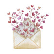 Opened envelope with branches of heart flowers. Love letter for Valentines day.