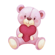 Valentines Day Card With Cute Teddy Bear Hugging Red Heart Shaped Pillow.