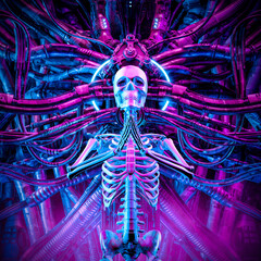 Wall Mural - Cyberpunk digital halo skeleton - 3D illustration of science fiction praying meditating skeletal figure hardwired to complex alien machinery