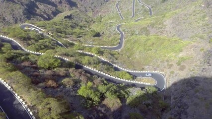 Sticker - Overhead aerial view of a windy mountain road in summer season.