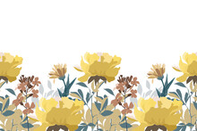 Vector Floral Seamless Pattern, Border. Horizontal Panoramic Design With Yellow Flowers Isolated On A White Background. 