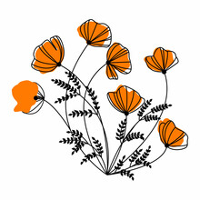Black Line Art Flower California Poppy With Orange Spots. Doodle Poppy. Wild Flowers