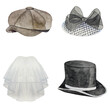 Set of watercolor wedding bride and groom headwear accessories: wedding classic cylinder hat, tweed cap and veil
