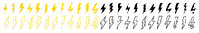 Bolt, Lighting Thunder Vector Icons. Thunderbolt Electric Energy Flash Arrow Symbols. Signs, Logos Of Light, Power, Storm. Flat Yellow Thunderstorm Strikes Illustration. Shock Voltage Cartoon Graphic.