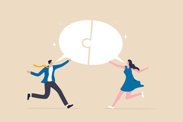 Wall Mural - Business communication skills, explain idea, speak, tell and listen to coworkers, work discussion or success send and receive information concept, business people connect speech bubble jigsaw puzzle.