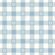 Floral gingham check plaid pattern in blue and white. Seamless vichy tartan with cute small camomile flowers for gift paper, dress, skirt, scarf, tablecloth, oilcloth, other spring summer design.