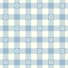 Floral Gingham Check Plaid Pattern In Blue And White. Seamless Vichy Tartan With Cute Small Camomile Flowers For Gift Paper, Dress, Skirt, Scarf, Tablecloth, Oilcloth, Other Spring Summer Design.