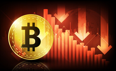 Bitcoin Price Falling concept, Bitcoin digital cryptocurrency on red chart background, vector illustration