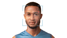 Portrait Of Young Black Guy On White, Having Face Recognition