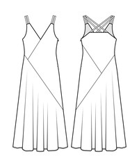 Wall Mural - Fashion technical drawing of flared dress with spaghetti straps and neckline