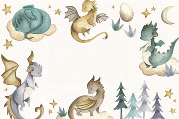 Dragon baby animals watercolor illustration