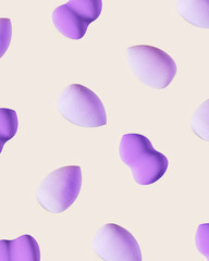 Wall Mural - Pattern with beauty blender sponge violet, purple color. Soft make up cosmetic sponge, brush for face skin, facial applicator. Backgrounds for salon fashion beauty makeup.