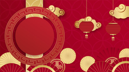 Wall Mural - Chinese china universal red and gold background with lantern, flower, tree, symbol, and pattern. Red and gold papercut chinese background template