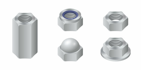 Isometric vector illustration steel nuts isolated on white background. Set of realistic hexagonal nut icons. Metal female screw. Nut bolt.