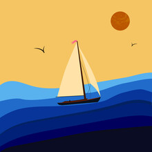 The Sailboat Floating  In The Sea On The Waves Against The Background Of A Beautiful Sunset And Flying Gulls. Vector Illustration, Flat 