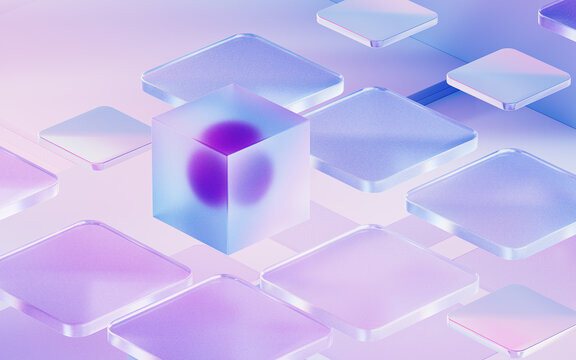 Gradient glasses and cubes, 3d rendering.