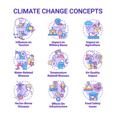 Climate change concept icons set. Environmental issues. Global warming idea thin line color illustrations. Isolated outline drawings. Editable stroke. Roboto-Medium, Myriad Pro-Bold fonts used