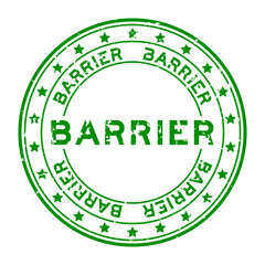 Grunge green barrier word with star icon round rubber seal stamp on white background