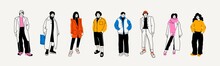 Street Fashion Look. Young Men And Women Dressed In Stylish Trendy Oversized Clothing. Models Standing In Various Poses. Korean Japanese Asian Cartoon Style. Hand Drawn Vector Isolated Illustrations