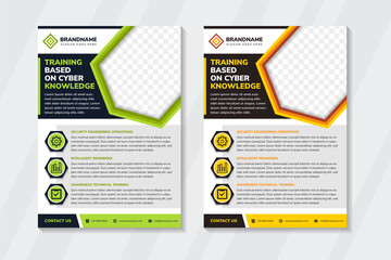 Poster - training based on cyber knowledge flyer design template use vertical layout with white background. combination of green, orange and black on element design. hexagon space of photo collage.