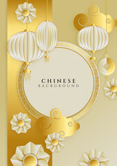 Sticker - Modern 3d gold chinese china background with lantern, lamp, border, frame, pattern, symbol, cloud, rigid fixed fan and flower.