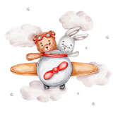 Fototapeta Dziecięca - Teddy bear and bunny in airplane; watercolor hand drawn illustration; wirth white isolated background
