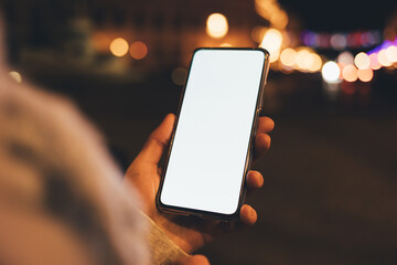 Wall Mural - Smartphone with blank display in female hand against lights