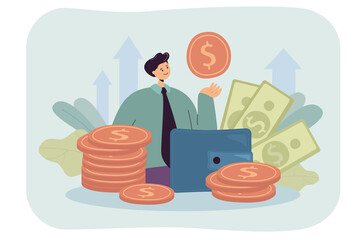 Poster - businessman or banker with huge wallet, cash and gold coins. cartoon entrepreneur, personal business