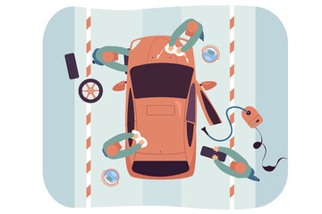 Poster - Top view of team of mechanics or engineers repairing car. Men using cleaning vehicle or automobile repair flat vector illustration. Teamwork, car service concept for banner, website design