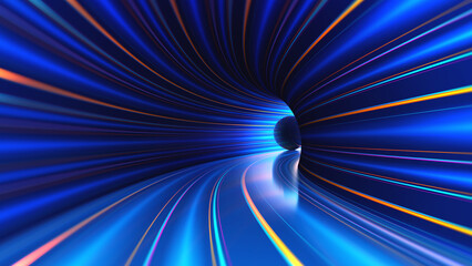 Poster - Cyber virtuality in wormhole of time. 3D illustration of nano tunnel. Speed of light and time travel. Bright neon stripes glow in the curve of high-tech structures
