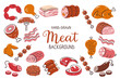 Meat background. Pieces of meat and meat products. Food ingredients for cooking illustration. Isolated colorful hand-drawn icons on white background. Vector illustration.