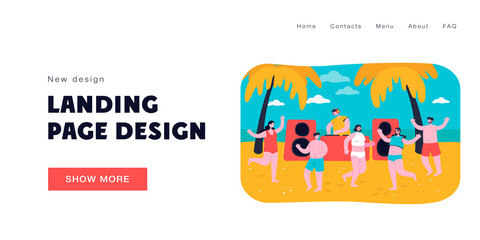 Sticker - Cartoon people dancing on summer beach. Flat vector illustration. Friends having fun during tropical party with DJ and sunset in background. Music, party, friendship, seaside concept for banner design