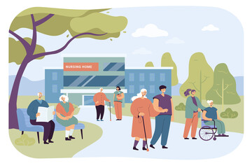 Poster - Nursing home building and visitors with elderly people. Group of seniors on walk with caregivers or nurses flat vector illustration. Treatment, elderly care, health concept for banner or landing page