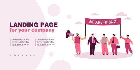 Poster - Happy HR managers looking for new employees. Flat vector illustration. Business team with banner inviting potential workers for interview in company. Human resources, business company, vacancy concept