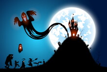 Illustration Blue Background,festival Halloween Concept,full Moon On Dark Night With Many Ghost,scarecrow,frankenstein And Devil Walking To Castle For Celebration Halloween Day