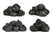 Set With Trash Bags Filled With Garbage On White Background
