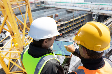 teamwork workers engineer architect with hard hat checking together construction details on computer laptop tablet  on major construction site