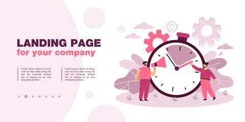 Poster - Man with megaphone and woman holding hour hand. Sport or competition commentator training, quick reaction, timer flat vector illustration. Deadline, time management concept for banner, website design