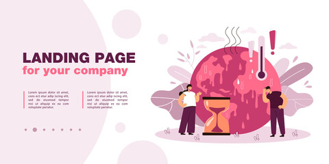 Poster - Tiny people with melting planet in background. High temperature and hot weather on Earth, hourglass flat vector illustration. Climate change concept for banner, website design or landing web page