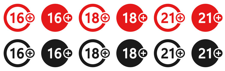 Set of age restriction signs in two colors. Age limit from 16 to 21 years. Adults ?ontent icons, prohibition signs. 16,18, 21 age symbols. Vector illustration.