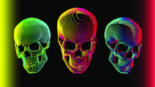 3 Psychedelic Gradient Colorful Skull Vector Illustration In Abstract Minimal Line-art Style Isolated On Dark Background.