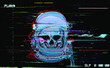 Vector Digital Glitch Astronaut Skull Illustration in the style of corrupted digital graphics and old VHS tape style.