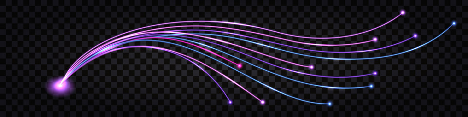 Fiber optic network technology, impulse cable lines, neon glowing light, blue and purple wires with flare bolt effect. Isolated design element on transparent background, vector illustration