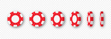 Gambling Casino Chips. Casino Token 3d Animation. Spinning Poker Chips And Coins Isolated On Transparent Background. Collection Of Red Casino Chips For Gambling, Poker, Roulette. Vector