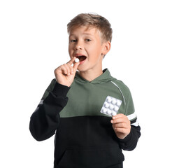 Poster - Little boy in hoodie with chewing gums on white background